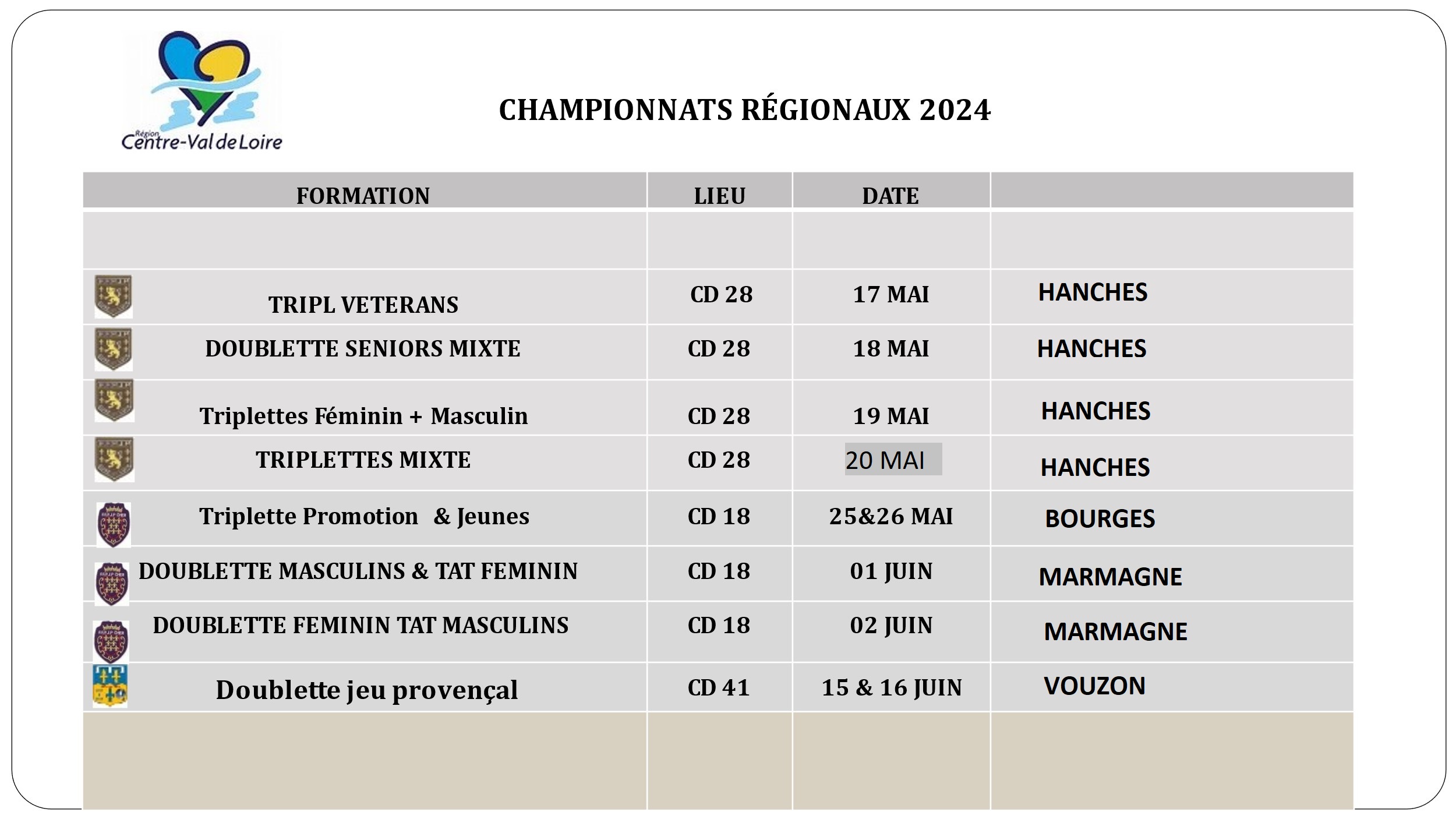 CALENDRIERS - Club Pétanque Comité Du Loiret Pétanque - Clubeo